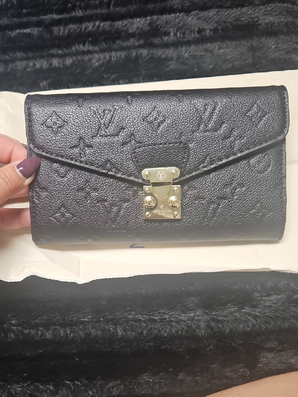 Black Embossed Envelope Wallet with Gold Hardware